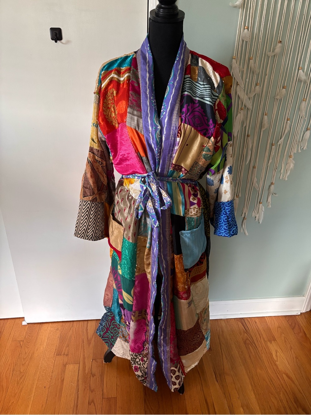 Vintage 100% SILK Multicolor Patchwork Satin Belted Kimono Coat with pockets